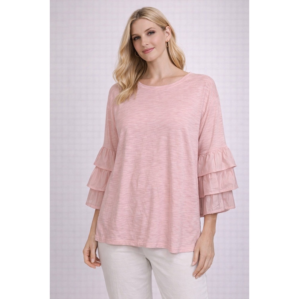 Joh. Womens Pink Cotton Slub‎ Knit Tiered Ruffle Sleeve Top size Medium